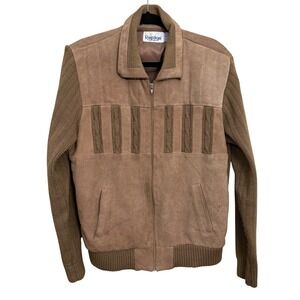 Vintage Repage‎ Mens Brown Leather Knit Bomber Jacket Full Zip Tan Large
